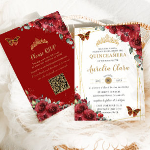Quinceañera Red Blommigt Guld Butterflies QR OSA Inbjudningar
