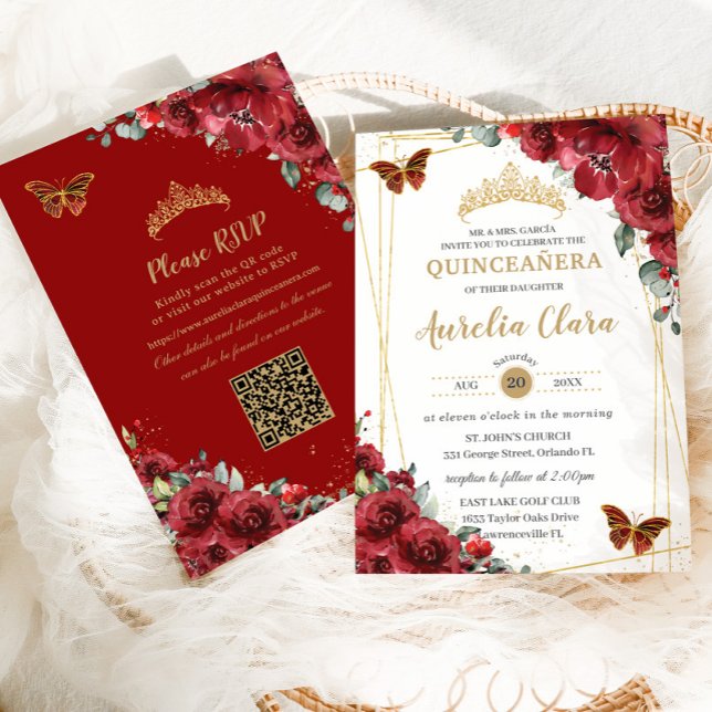 Quinceañera Red Blommigt Guld Butterflies QR OSA Inbjudningar (Skapare uppladdad)
