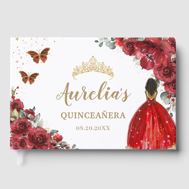 QUINCEAÑERA Red Blommigt Ro Brown Princess Dress Gästböcker (Framsida)