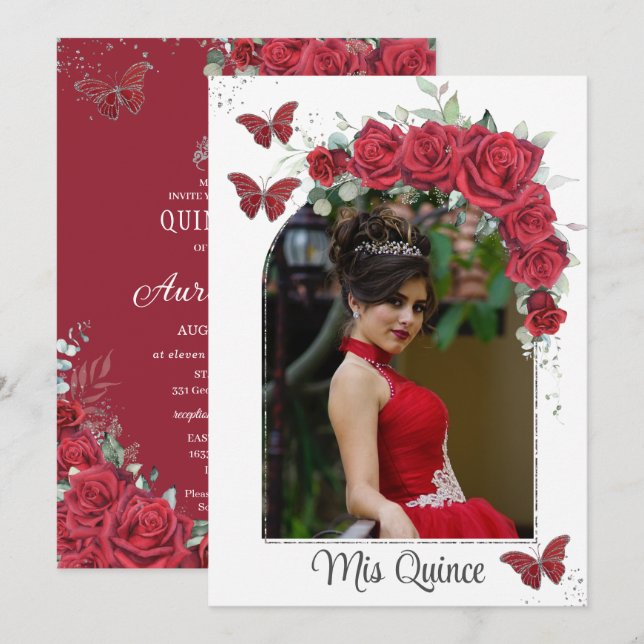 Quinceañera Red Blommigt Ro Butterflies Photo Inbjudningar (Fram/baksida)