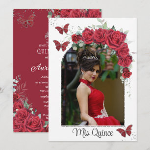 Quinceañera Red Blommigt Ro Butterflies Photo Inbjudningar