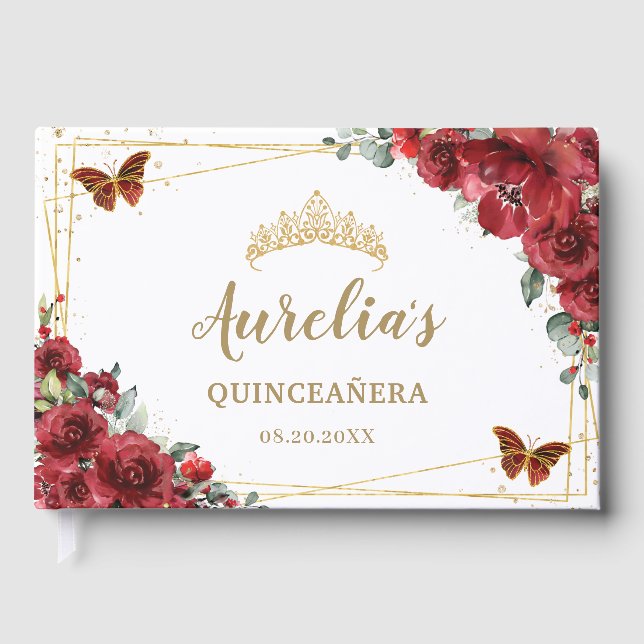 QUINCEAÑERA Red Blommigt Ro Guld Butterflies Gästböcker (Framsida)