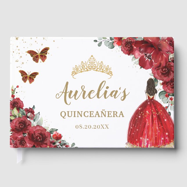 QUINCEAÑERA Red Blommigt Ro Princess Butterflies Gästböcker (Framsida)