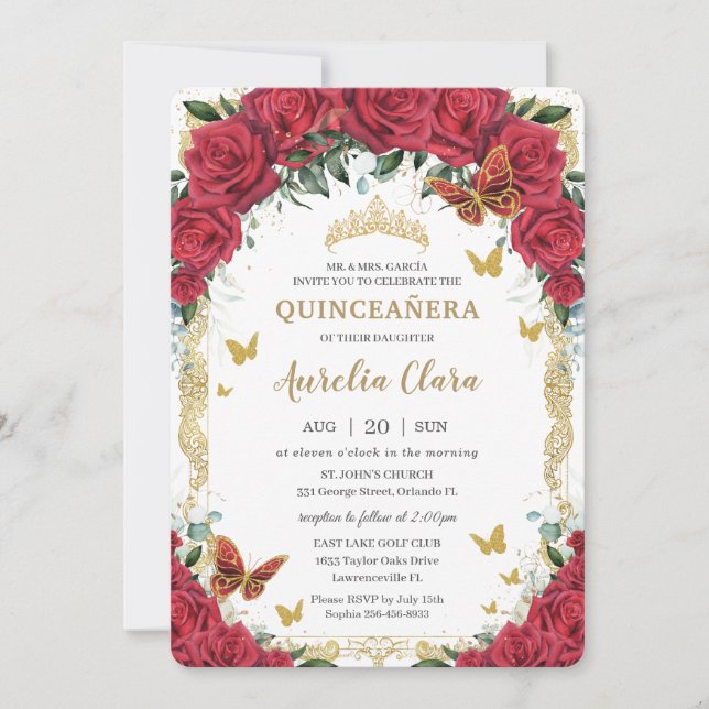 Quinceañera Red Blommigt Vintage Guld Butterflies Inbjudningar (Framsida)