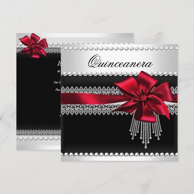 Quinceanera Red Bow Black Pearl Snöre Diamond Inbjudningar (Fram/baksida)
