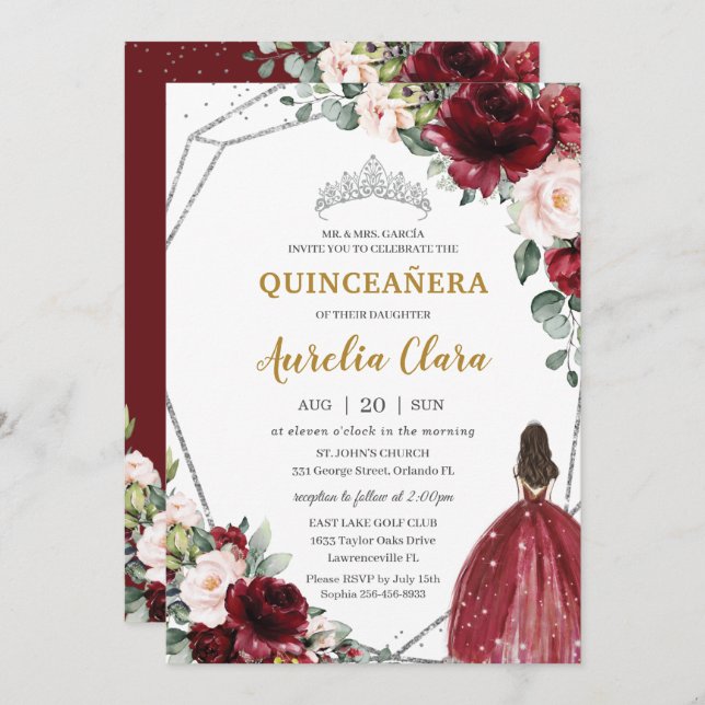 Quinceañera Red Burgundy  Blommigt Silver Tiara Inbjudningar (Fram/baksida)