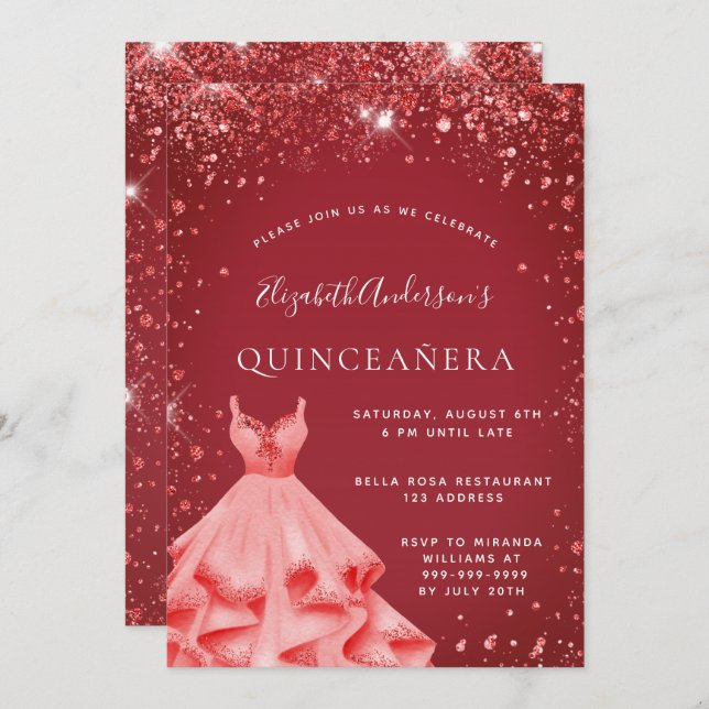Quinceanera red dress glitter inbjudningar (Fram/baksida)