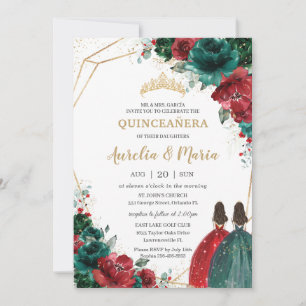 Quinceañera Red Emerald Grönt Blommigt Twillingar Inbjudningar
