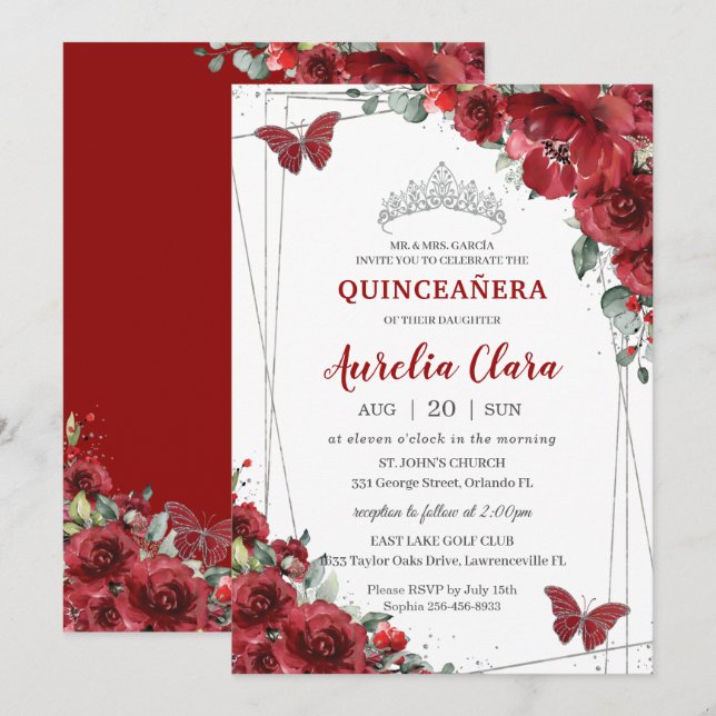 Quinceañera Red Flowers Blommigt Silver Butterfly Inbjudningar (Fram/baksida)