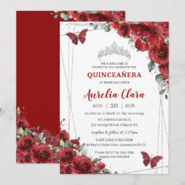 Quinceañera Red Flowers Blommigt Silver Butterfly Inbjudningar