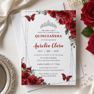 Quinceañera Red Flowers Blommigt Silver Butterfly Inbjudningar