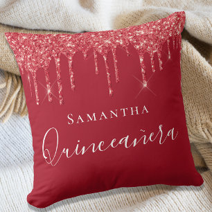 Quinceanera red glitter droppar namn kudde