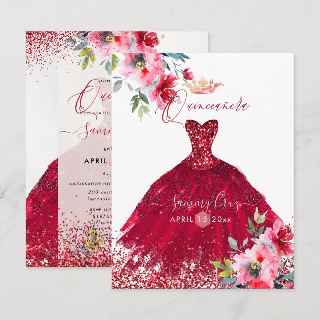 Quinceanera Red Gnistra Gown Watercolor Flowers in Inbjudningar (Fram/baksida)