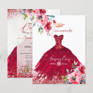 Quinceanera Red Gnistra Gown Watercolor Flowers in Inbjudningar