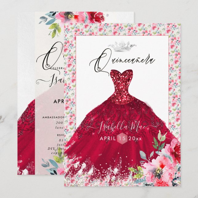 Quinceanera Red Gnistra Gown Watercolor Flowers Inbjudningar (Fram/baksida)