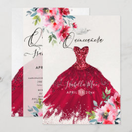 Quinceanera Red Gnistra Gown Watercolor Flowers Inbjudningar