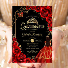 Quinceanera Red Gold Butterfly Dress Floral Inbjudningar