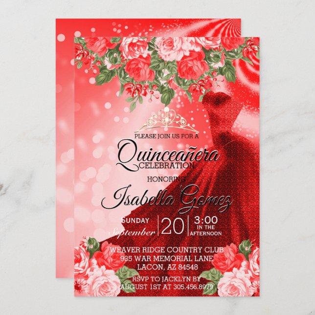 Quinceañera Red Gown och Flowers Inbjudningar (Fram/baksida)