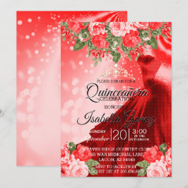 Quinceañera Red Gown och Flowers Inbjudningar