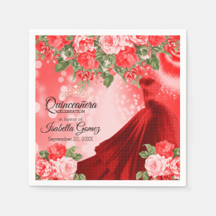 Quinceañera Red Gown och Flowers Pappersservett