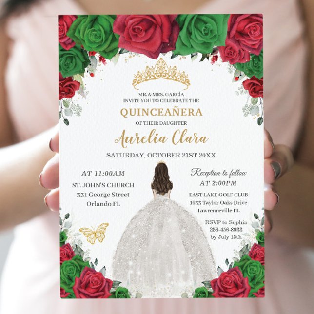 Quinceañera Red Grönt Blommigt Princess White Dres Inbjudningar (Skapare uppladdad)