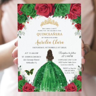 Quinceañera Red Grönt Ro Blommigt Princess Guld Inbjudningar