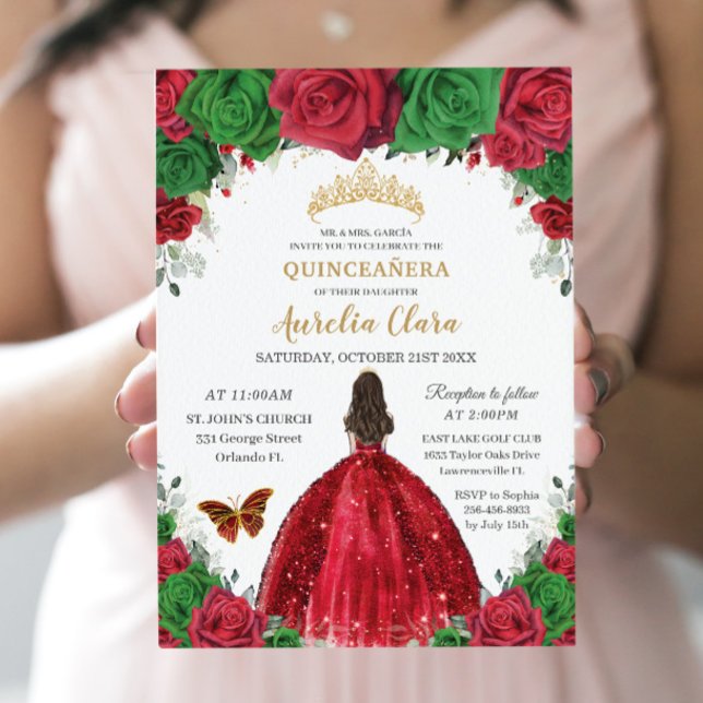 Quinceañera Red Grönt Ro Blommigt Princess Guld Inbjudningar (Skapare uppladdad)