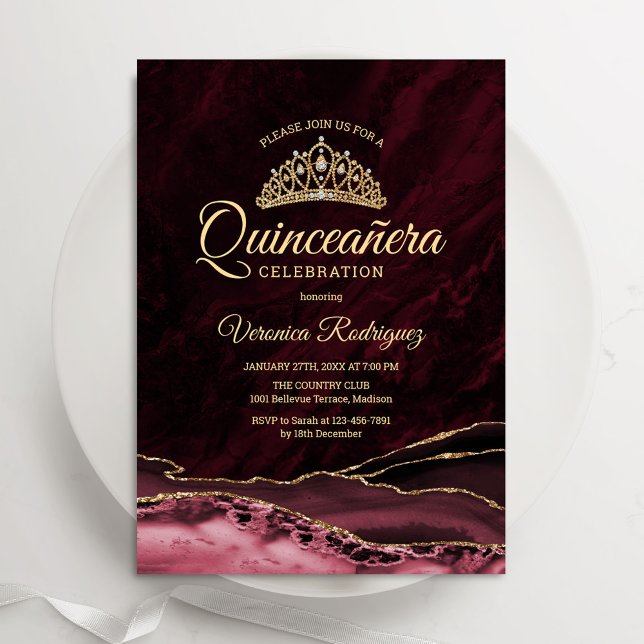 Quinceanera Red Guld Agate Marble Inbjudningar (Skapare uppladdad)