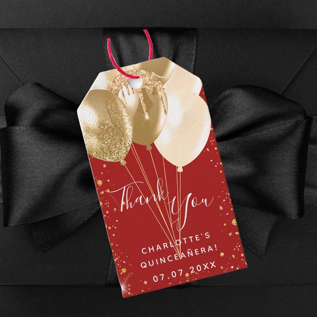 Quinceanera red guld-ballonger tack presentetikett (Skapare uppladdad)