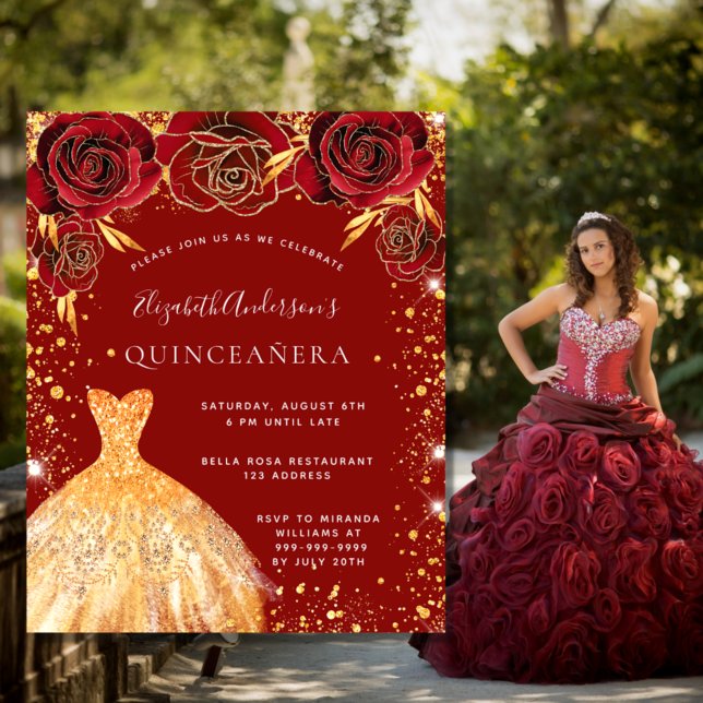 Quinceanera red guld blommigt-inbjudan (Skapare uppladdad)