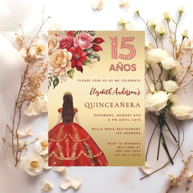 Quinceanera red guld dress blommigt ro inbjudningar (Skapare uppladdad)