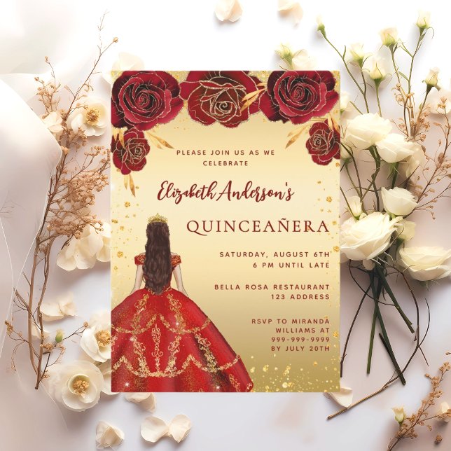 Quinceanera red guld dress blommigt ro inbjudningar (Skapare uppladdad)
