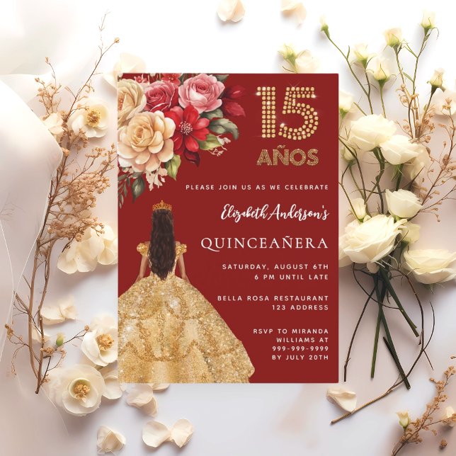 Quinceanera red guld dress blommigt ro inbjudningar (Skapare uppladdad)