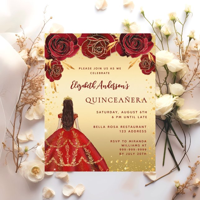 Quinceanera red guld dress blommigts inbjudningar (Skapare uppladdad)