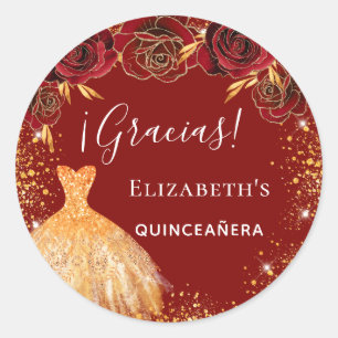 Quinceanera red guld dress gracias runt klistermärke