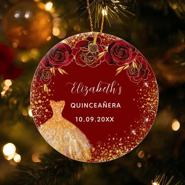 Quinceanera red guld dress namn glam julgransprydnad keramik (Skapare uppladdad)