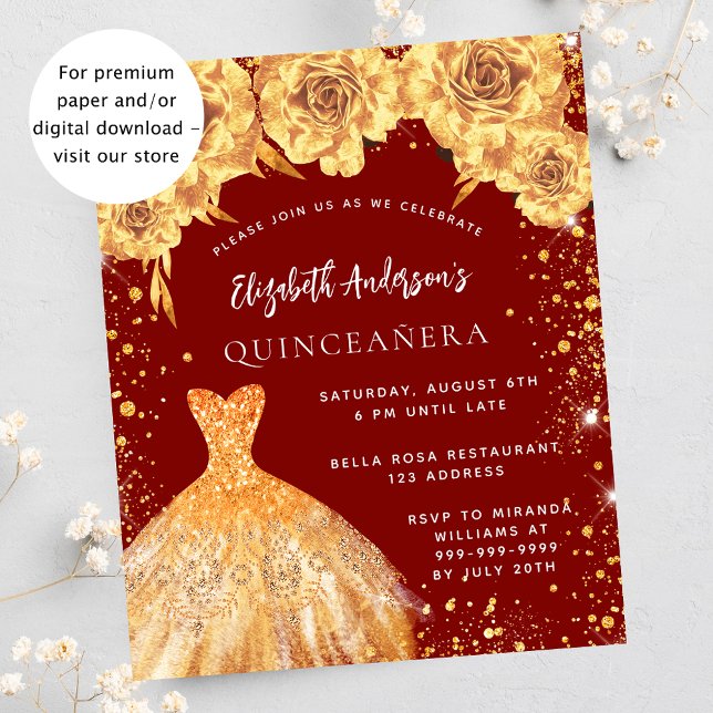 Quinceanera red guld dress ro inbjudan (Skapare uppladdad)