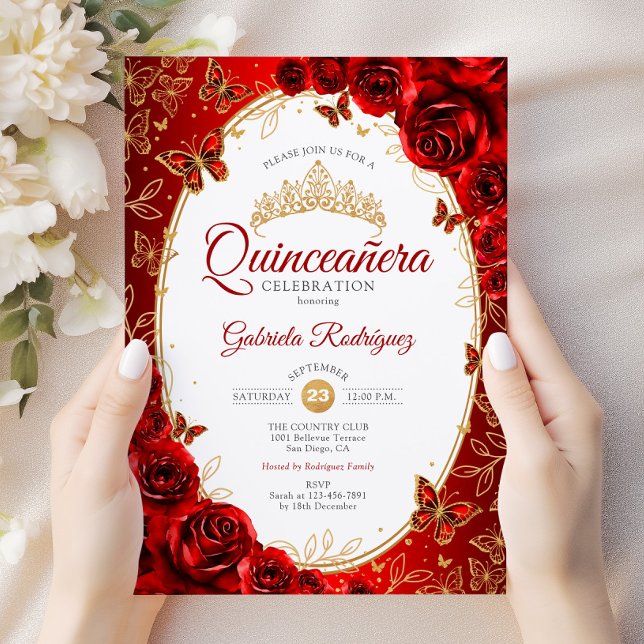 Quinceanera Red Guld Elegant Chic Inbjudningar (Skapare uppladdad)