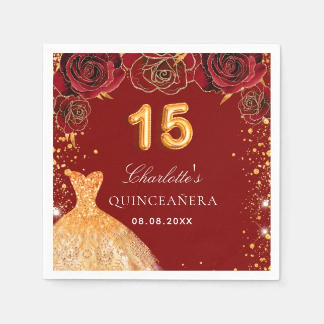 Quinceanera red guld glitter dress blommigt pappersservett (Framsidan)