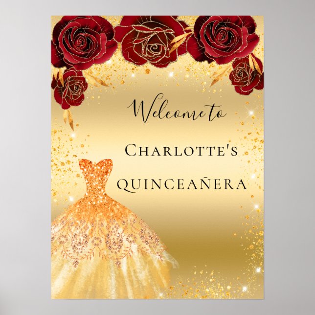 Quinceanera red guld glitter dress blommigt Welcom Poster (Framsidan)