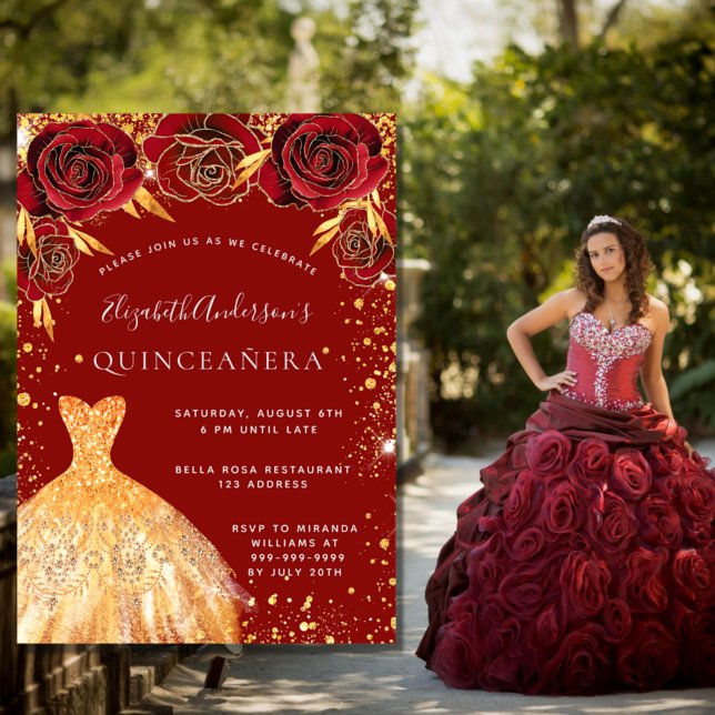 Quinceanera red guld glitter dress blommigts inbjudningar (Skapare uppladdad)