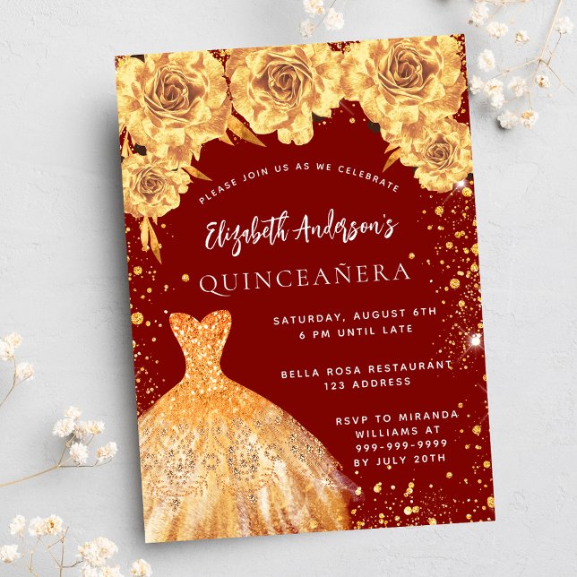 Quinceanera red guld glitter dress ro inbjudan vykort (Skapare uppladdad)