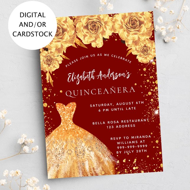 Quinceanera red guld glitter dress ro inbjudningar (Skapare uppladdad)