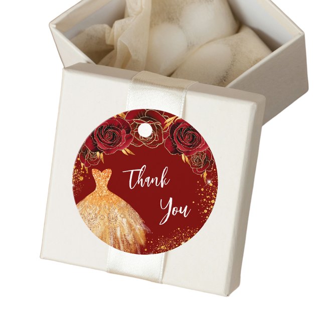 Quinceanera red guld klänning tack gåvor etiketter (Skapare uppladdad)