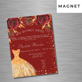 Quinceanera red guld klänningsblommor lyxur magnetisk inbjudningskort