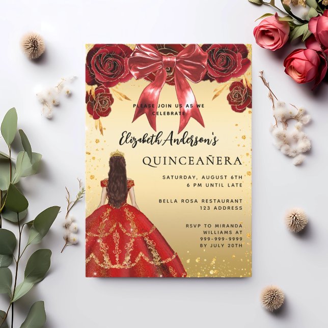 Quinceanera red guld klänningsbog blommigtar inbjudningar (Skapare uppladdad)