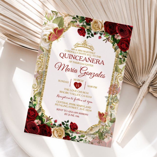 Quinceañera Red & Guld Krona Mexikanska fjäril Inbjudningar (Skapare uppladdad)