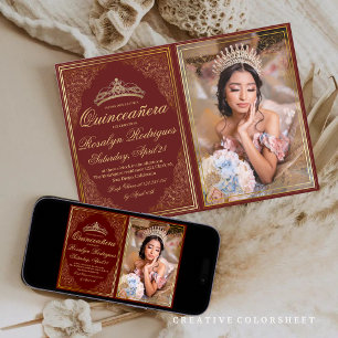 Quinceanera Red guld Ornate Princess Tiara Inbjudningar