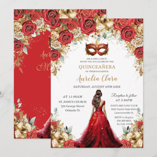 Quinceañera Red Guld Ro Blommigt  MasqueraBoll Inbjudningar (Fram/baksida)