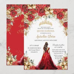 Quinceañera Red Guld Ro Blommigt Princess Dress Inbjudningar